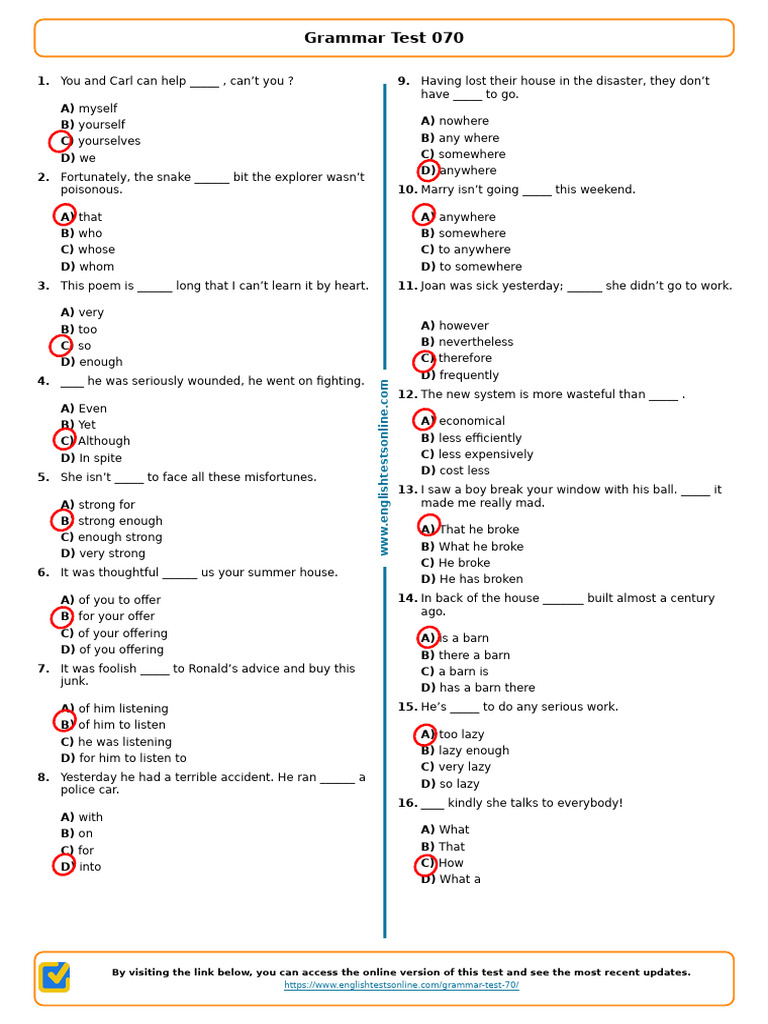 Grammar Test 070: Multiple Choice Quiz | PDF | Chess Openings | Chess
