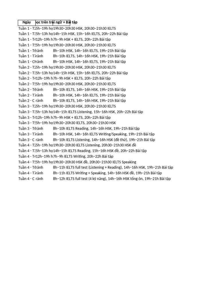 Timetable 30ngay HSK1 IELTS | PDF