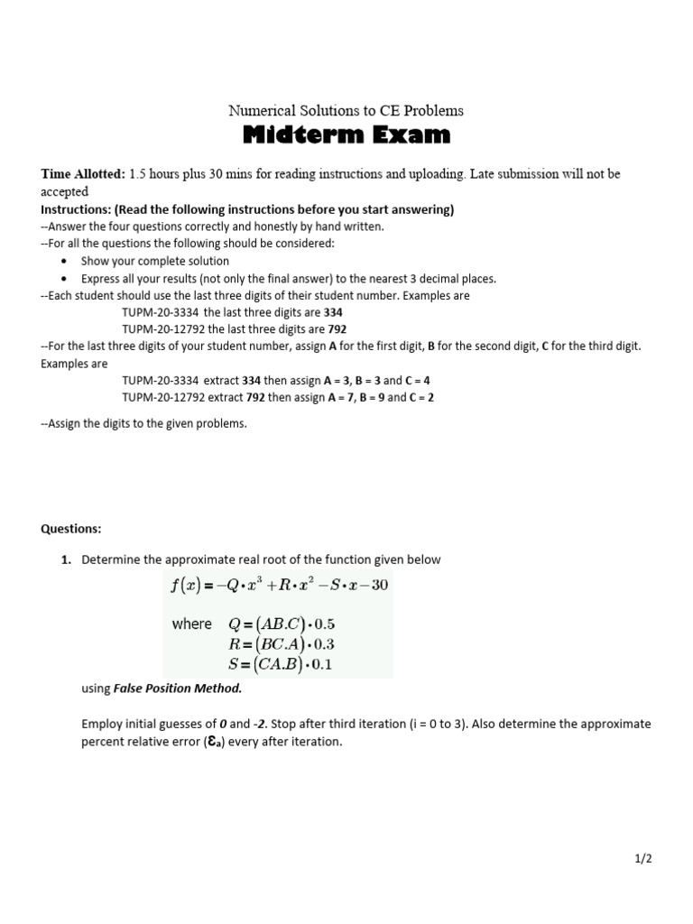 Midterm Exam: Numerical Solutions CE | PDF | Applied Mathematics ...