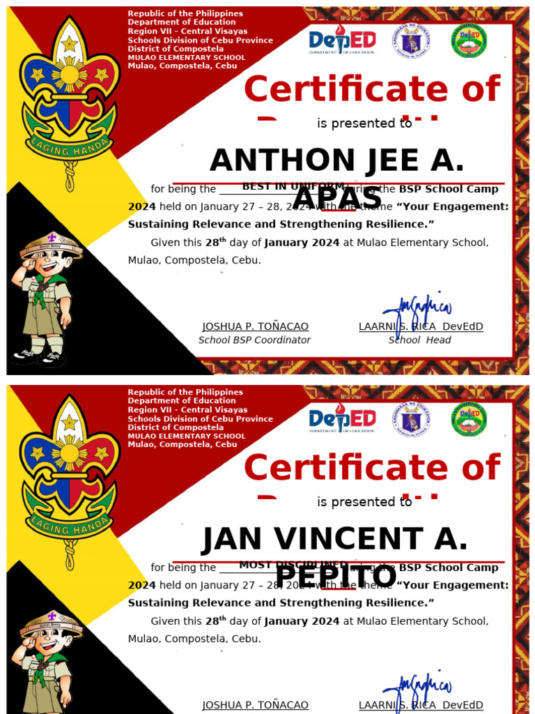 BSP School Camp 2024 Recognition Certificates | PDF | Philippines