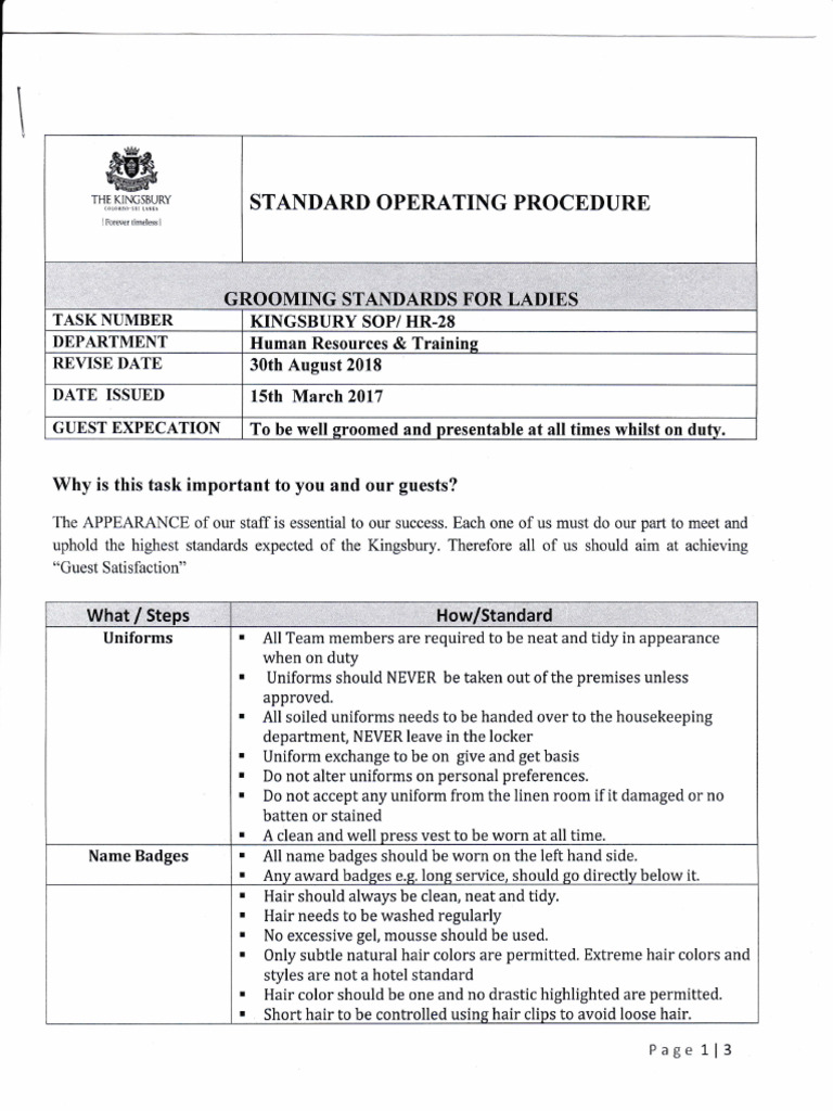 SOP 28 - Grooming Standards For Ladies. | PDF | Softlines (Retail ...