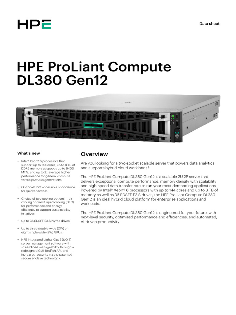 HPE ProLiant DL380 Gen12 Specifications | PDF | Central Processing Unit ...