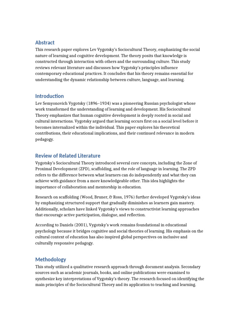 Vygotsky's Sociocultural Theory in Education | PDF | Education Theory ...