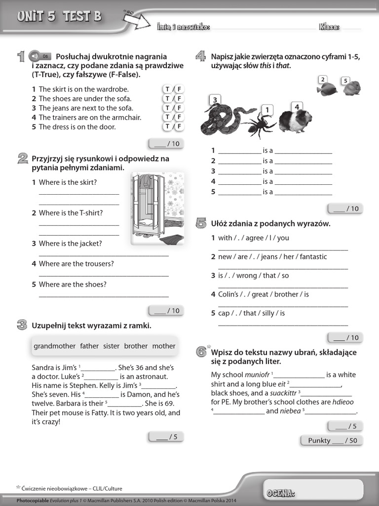 EvolutionPlus Klasa4 Unit 5 Test B | PDF