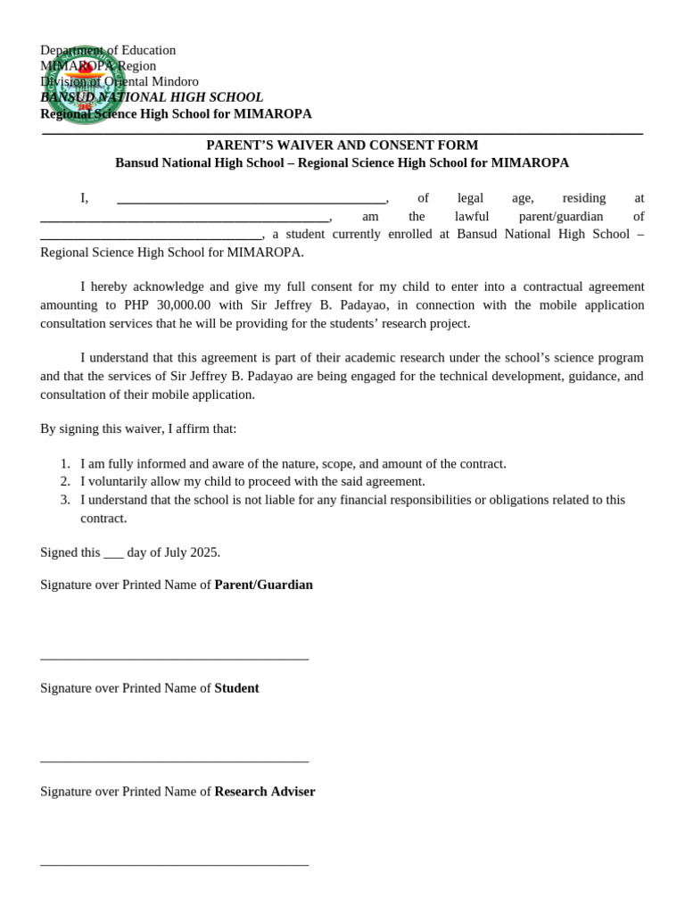 Parent Consent Form for Student Project | PDF