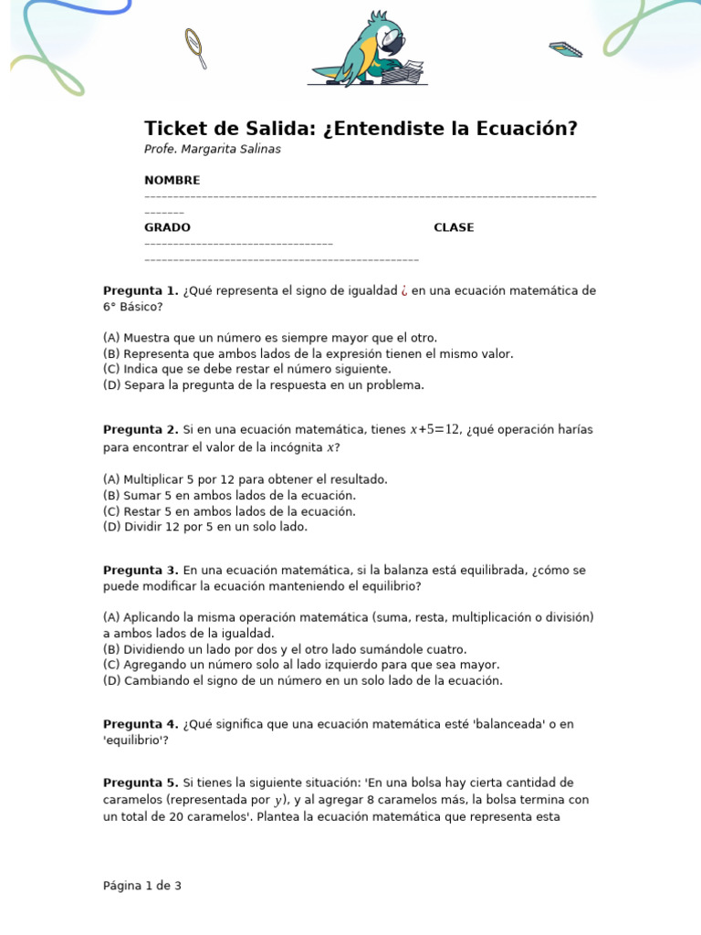 Ticket de Salida Entendiste La Ecuacin | PDF | Ecuaciones | Multiplicación
