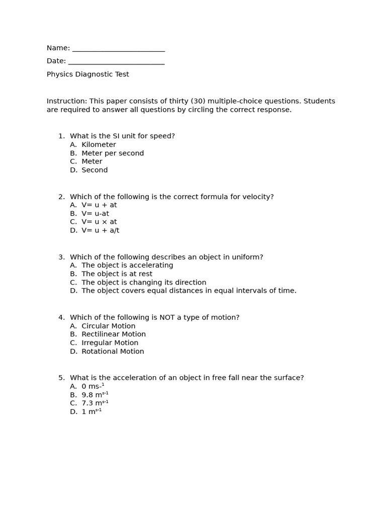 Physics Diagnostic Test Questions | PDF | Force | Acceleration