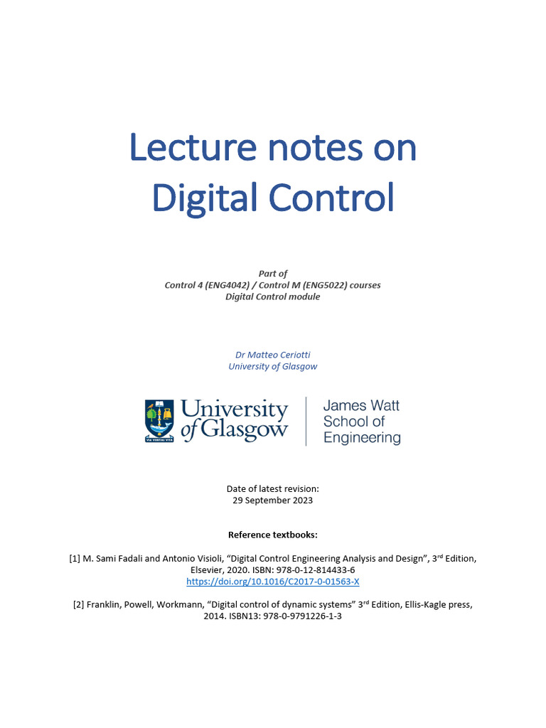Digital Control Lecture Notes ENG4042/5022 | PDF | Analog To Digital ...