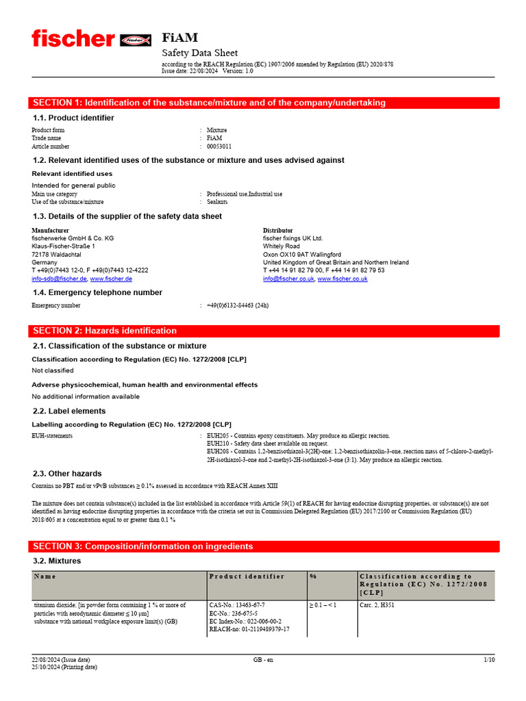 FiAM Safety Data Sheet Overview | PDF | Toxicity | Dangerous Goods