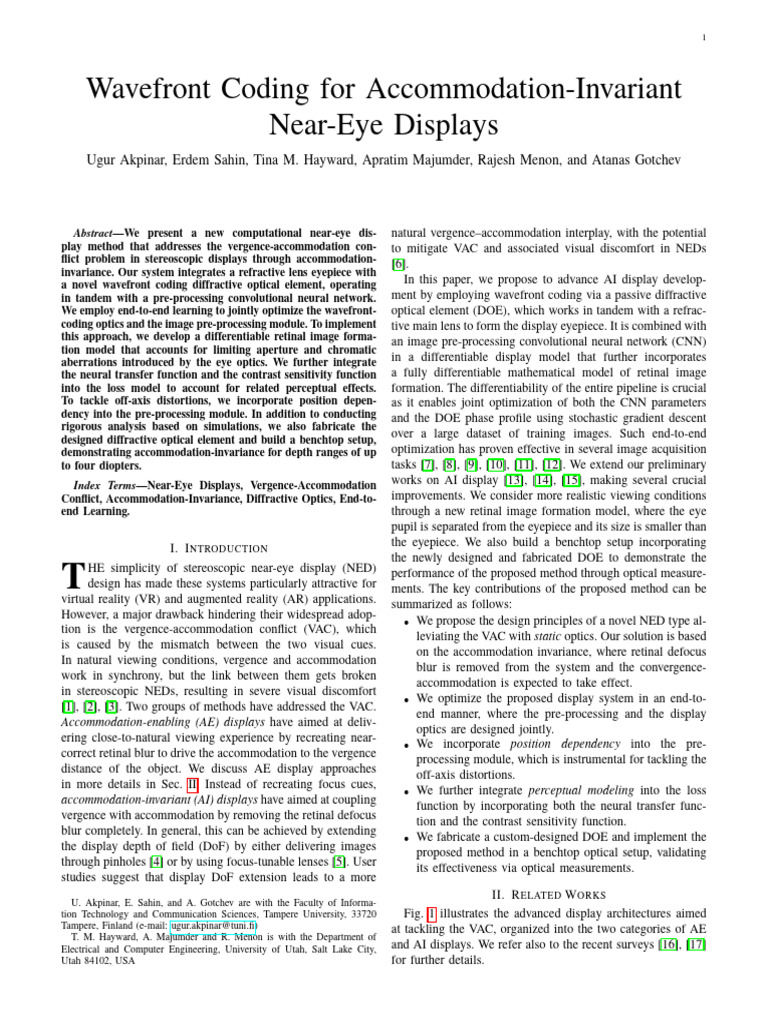 Accommodation-Invariant Near-Eye Displays | PDF | Holography | Optics