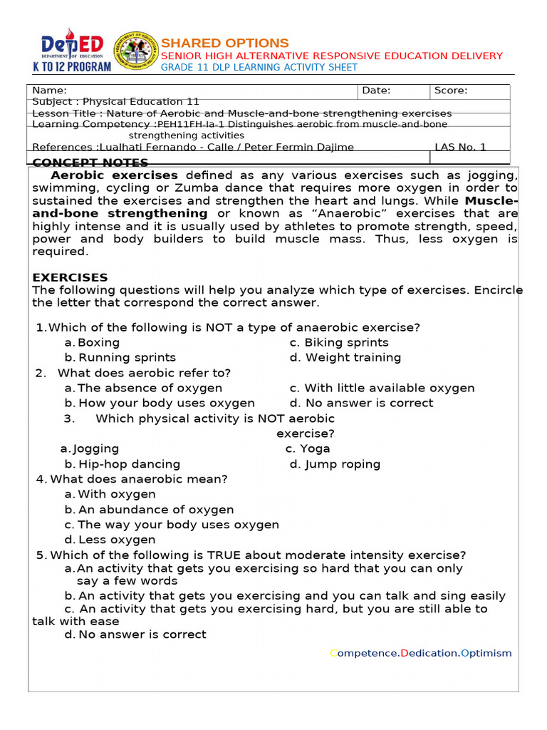 Grade 11 Physical Education Activity Sheets | PDF | Aerobic Exercise ...