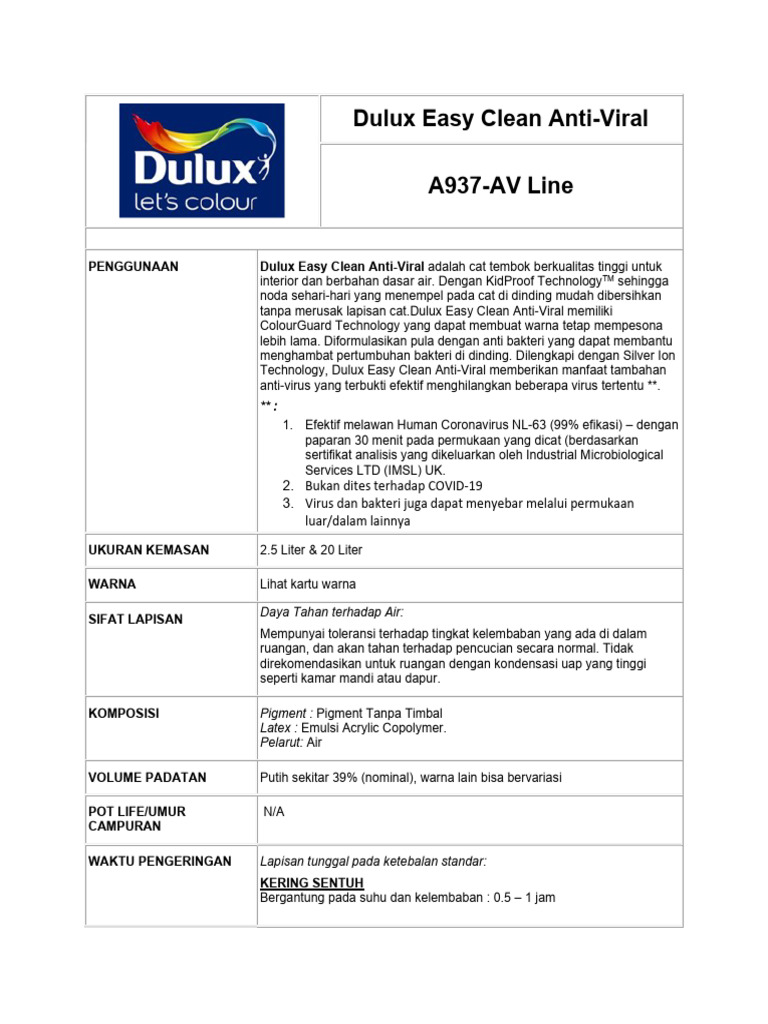 Tds A937 Dulux Easy Clean Anti Viral Jan 2025 Id | PDF