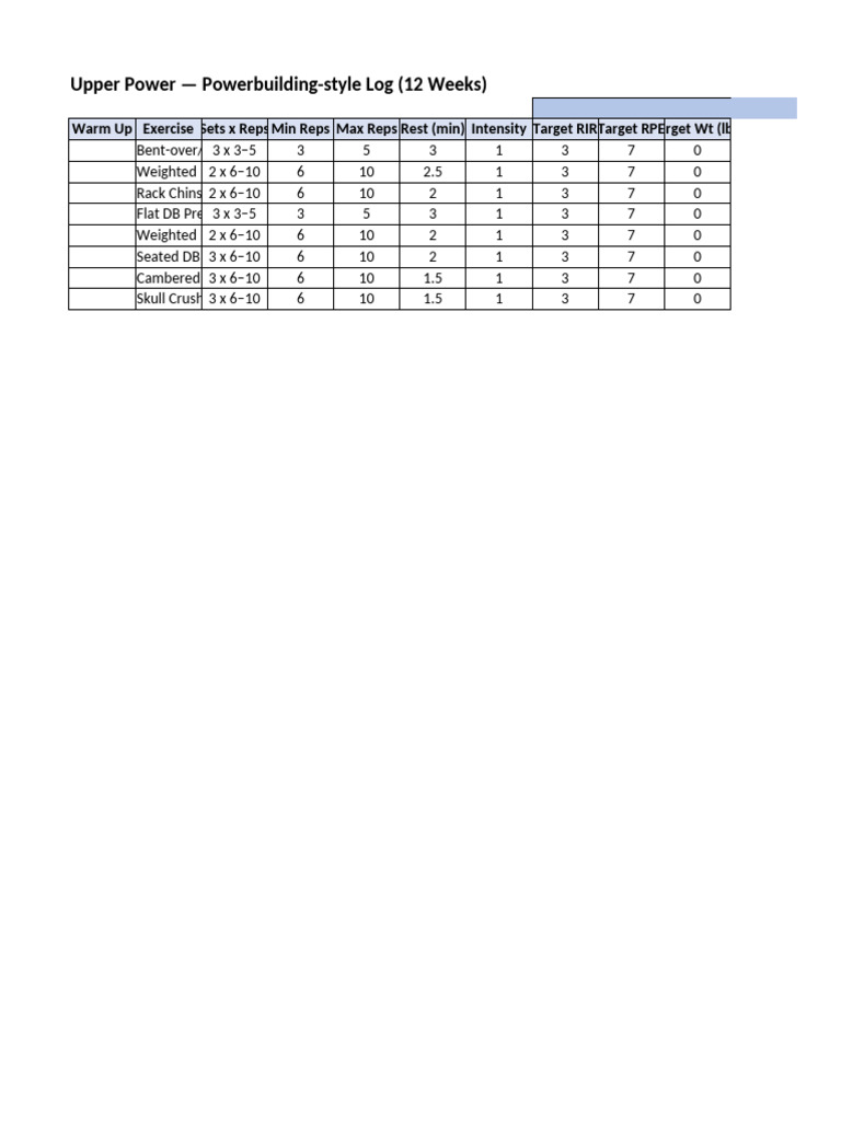 12-Week Powerbuilding Workout Log | PDF | Weight Training | Physical ...