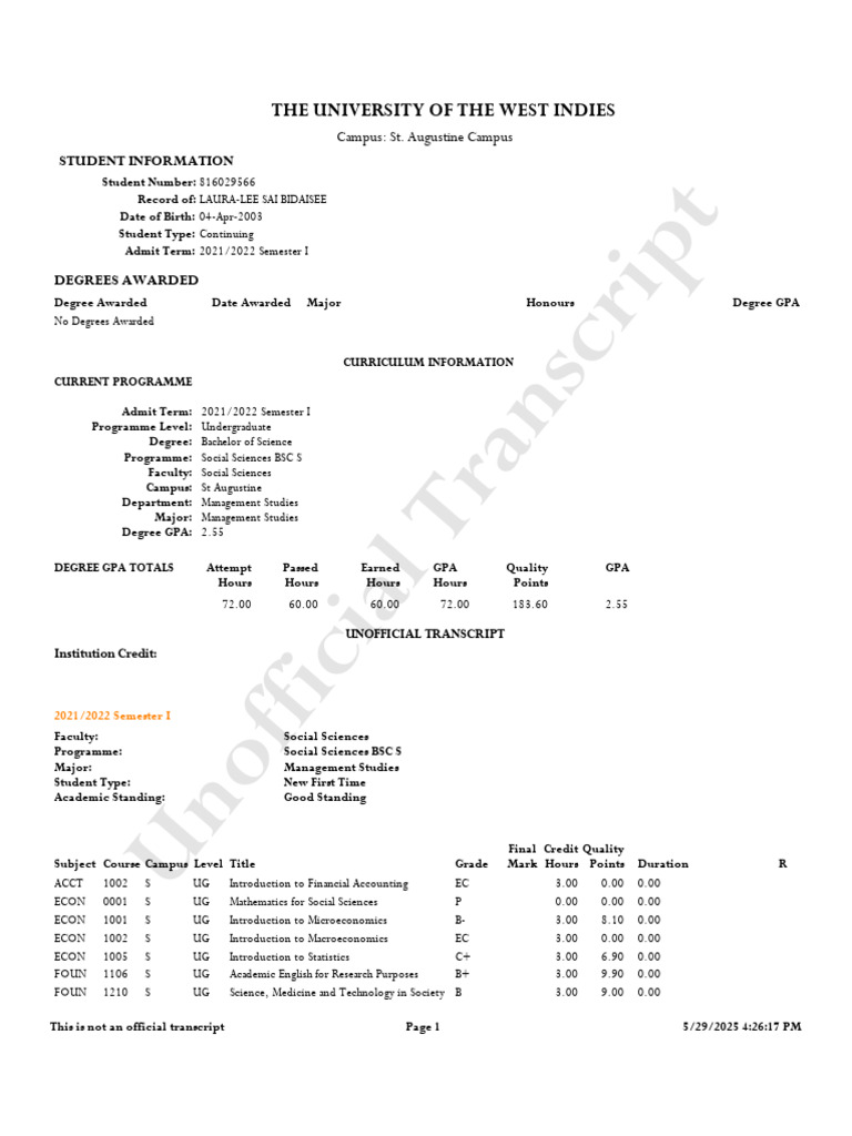 Unofficial Transcript for Laura-Lee Bidaisee | PDF | Educational Stages ...