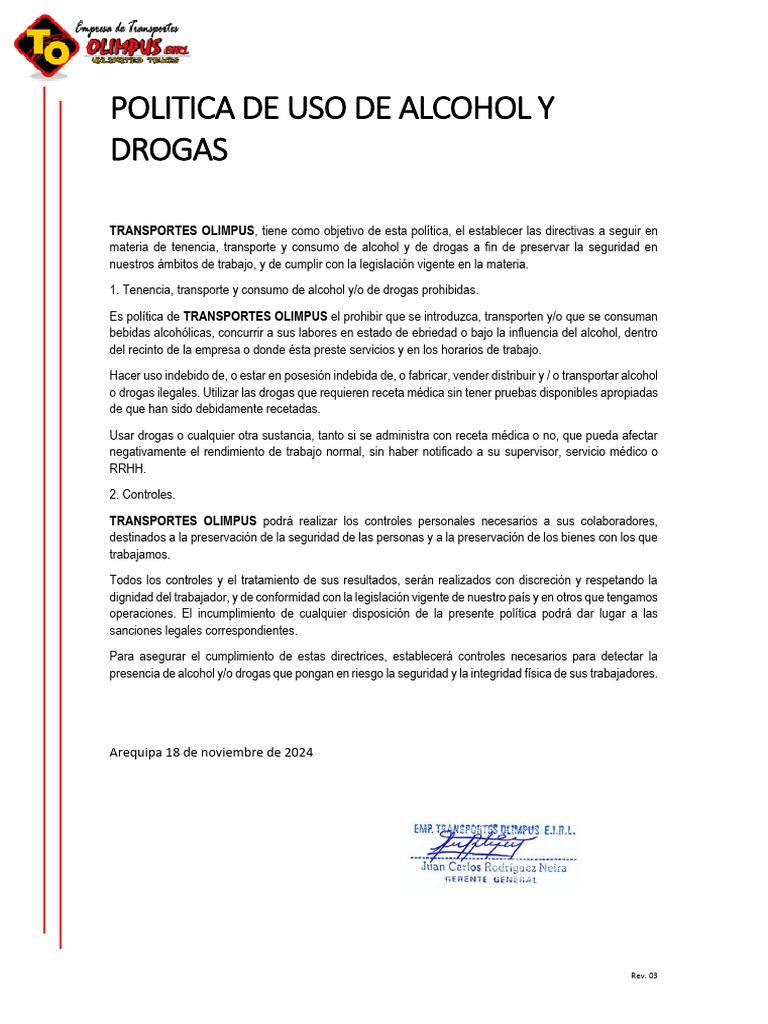 Política de Uso de Alcohol y Drogas | PDF