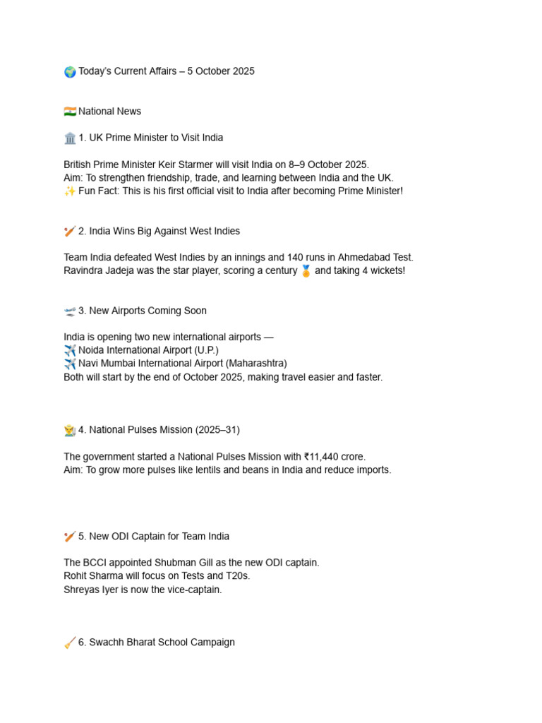Current Affairs Summary - 5 Oct 2025 | PDF