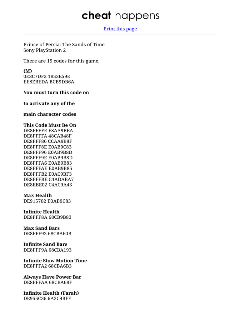 Prince of Persia: Sands of Time Cheats | PDF
