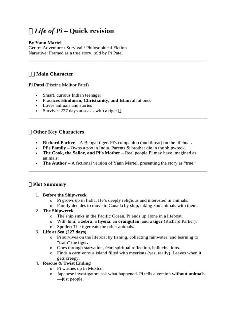 Life of Pi Themes, Characters, Summary PDF