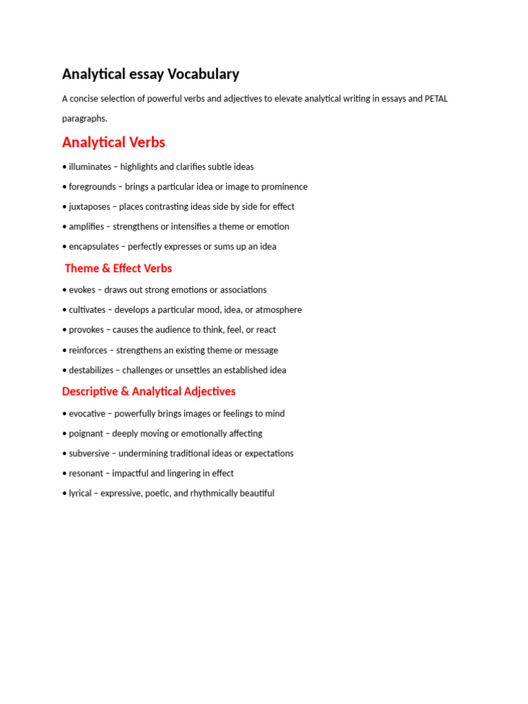 Enhancing Essays with Analytical Vocabulary | PDF