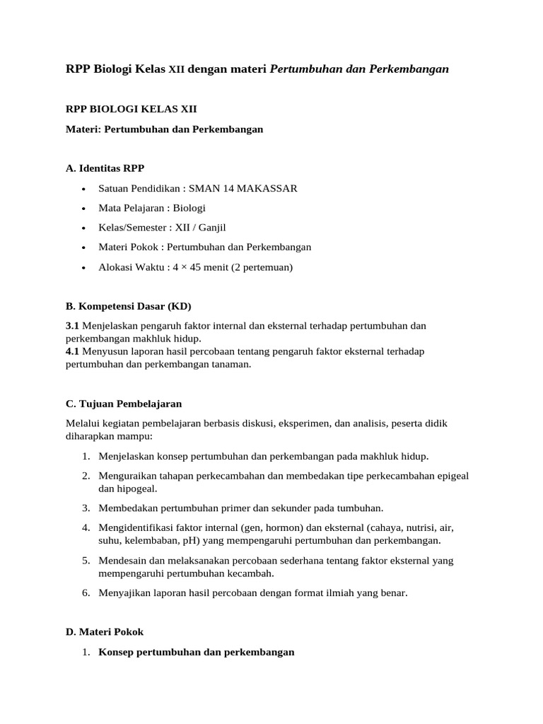 RPP Biologi Kelas XII: Pertumbuhan Tumbuhan | PDF