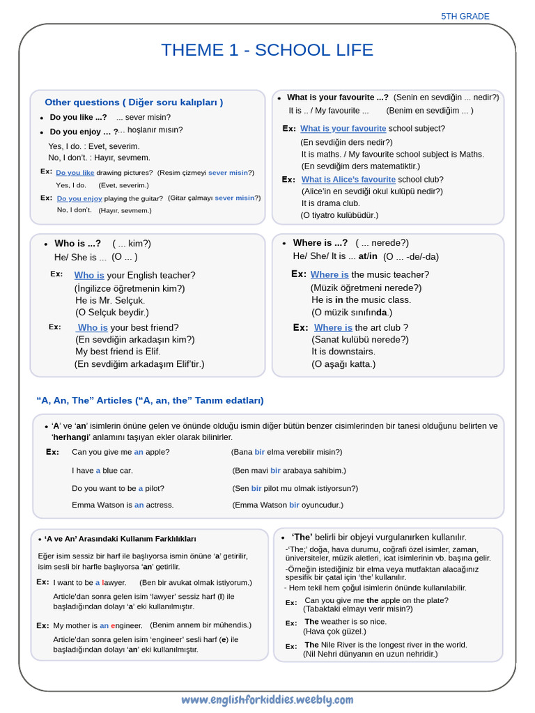 Theme 1 - School Life: Other Questions (Diğer Soru Kalıpları) | PDF