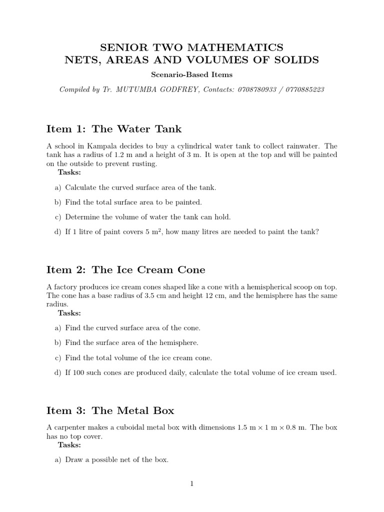 Senior Two Math: Solids' Areas & Volumes | PDF | Volume | Area