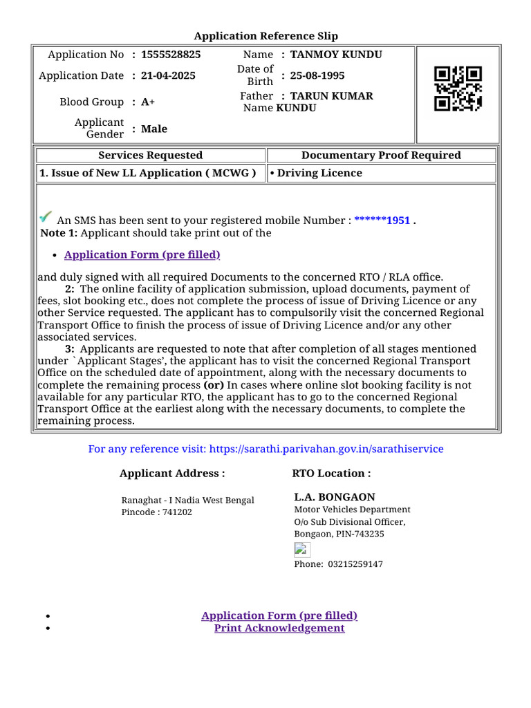 Driving Licence Application Reference Slip | PDF