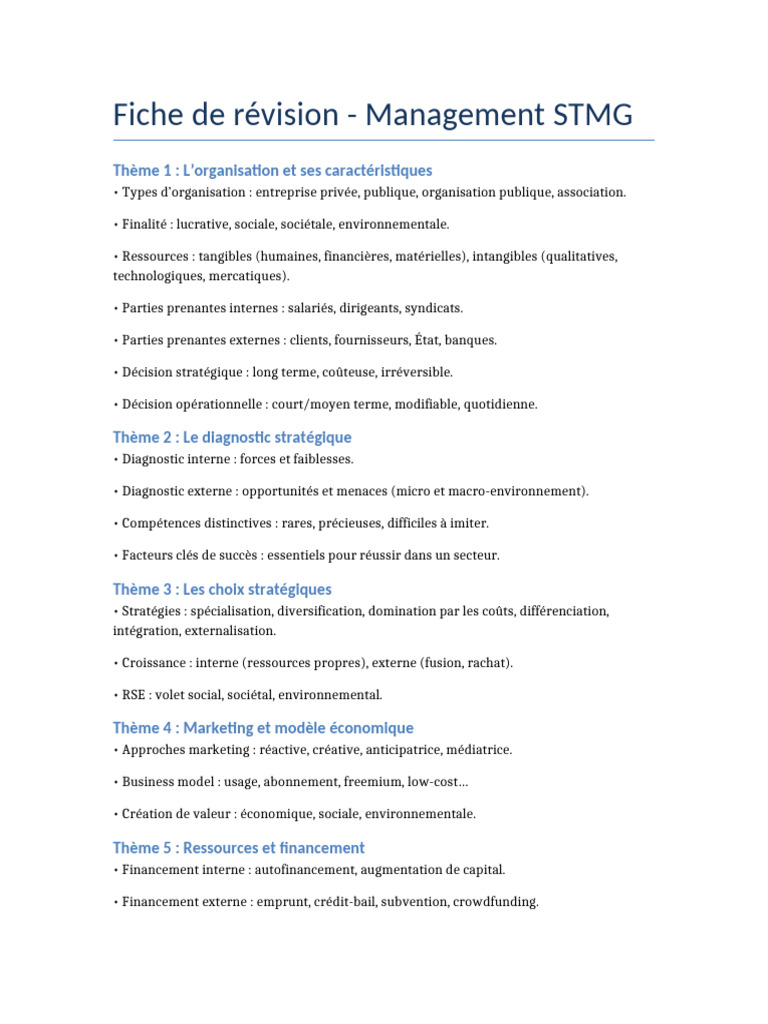 Fiche de Révision Management STMG | PDF | Commercialisation | Fonds de ...