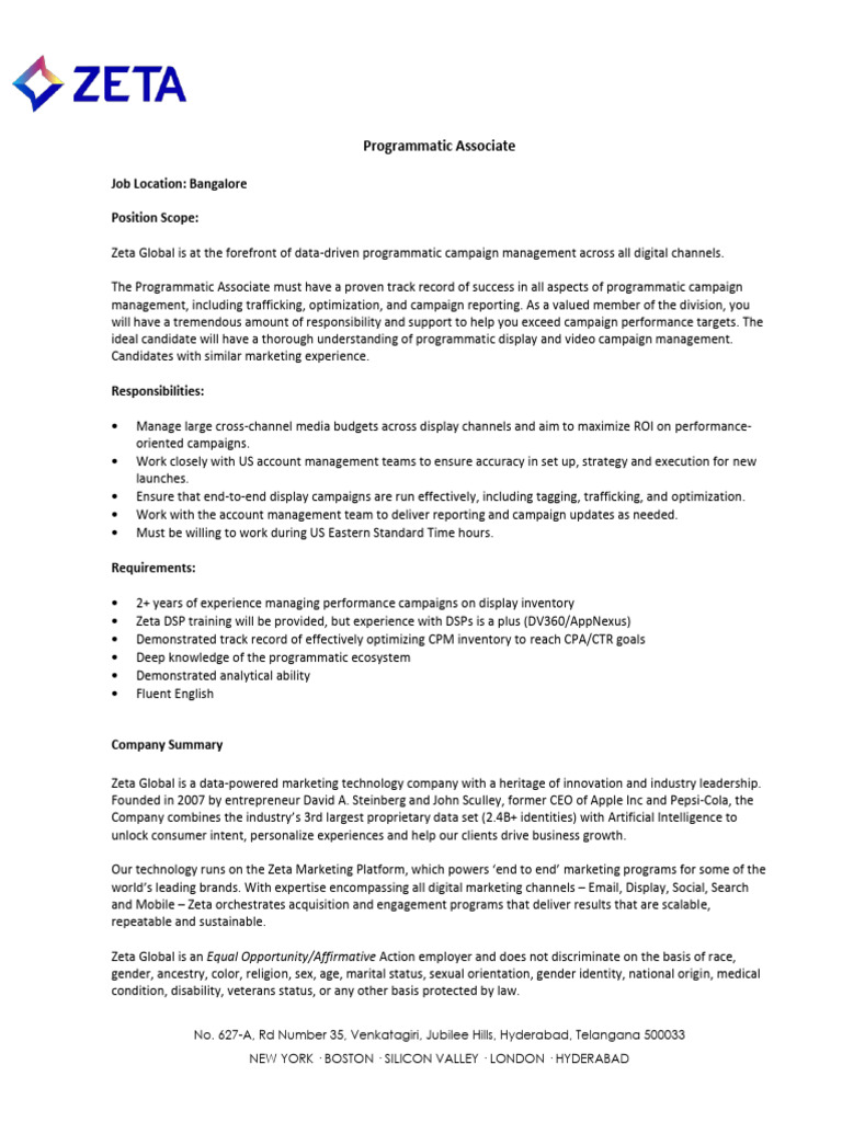 Programmatic Associate Job in Bangalore | PDF | Business