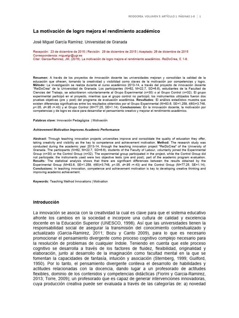Motivación de logro y rendimiento académico | PDF