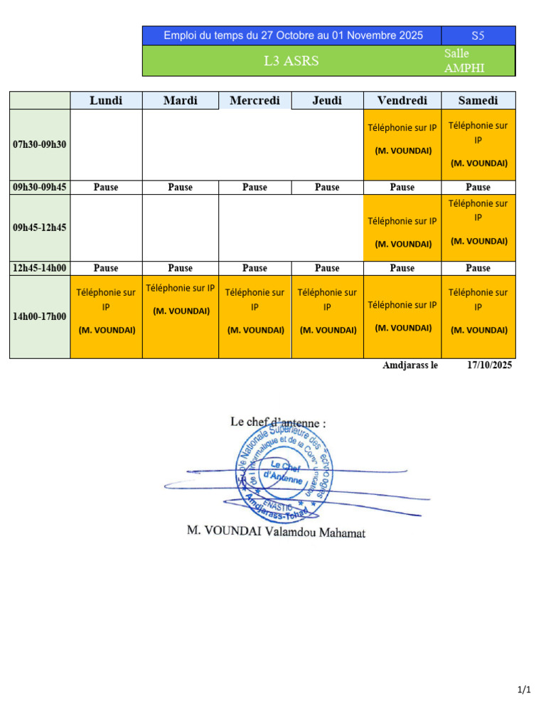 Emploi du temps L3 ASRS 27 Oct-1 Nov 2025 | PDF