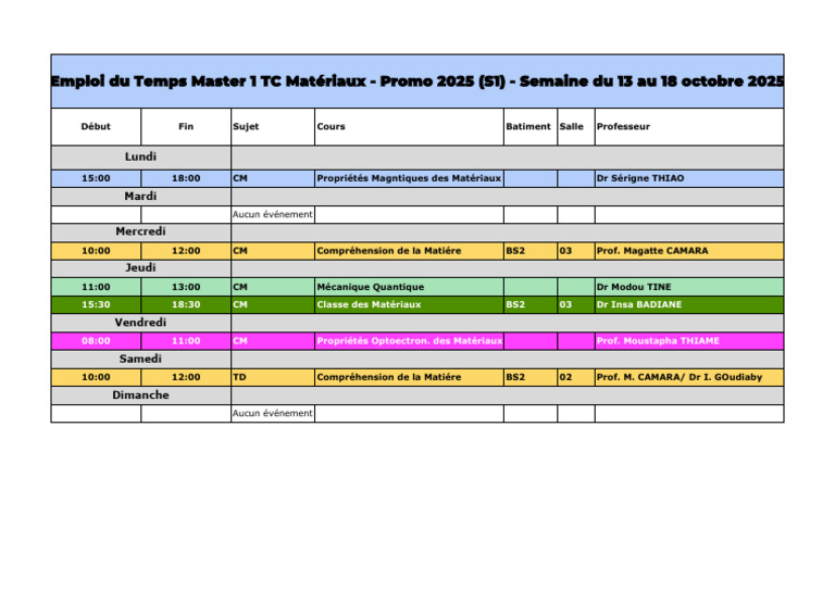 Emploi Du Temps Master 1 TC Matériaux - Promo 2025 (S1) - Semaine Du 13 ...