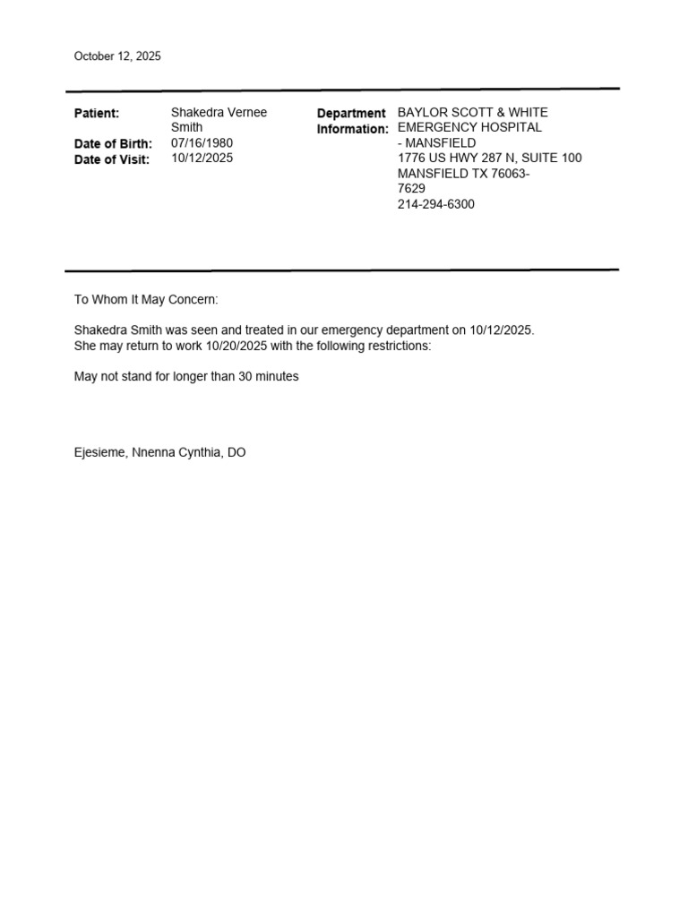 Baylor Scott & White Emergency Excuse | PDF