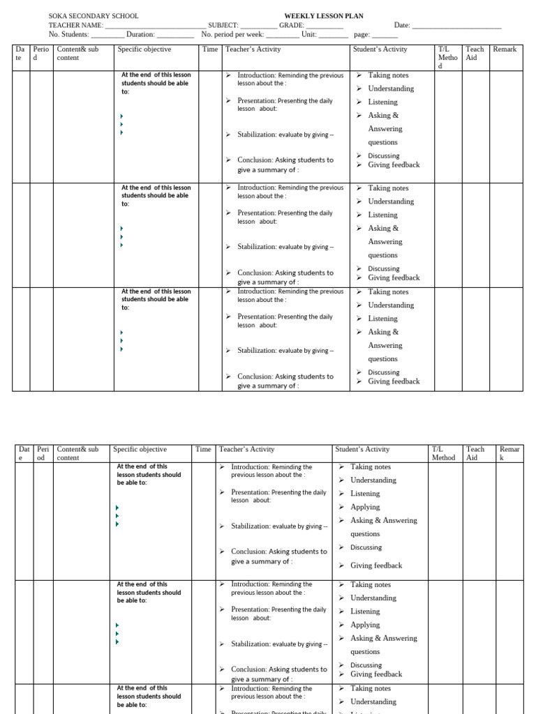 Weekly Lesson Plan Weekly Lesson Plan | PDF | Lesson Plan | Teachers