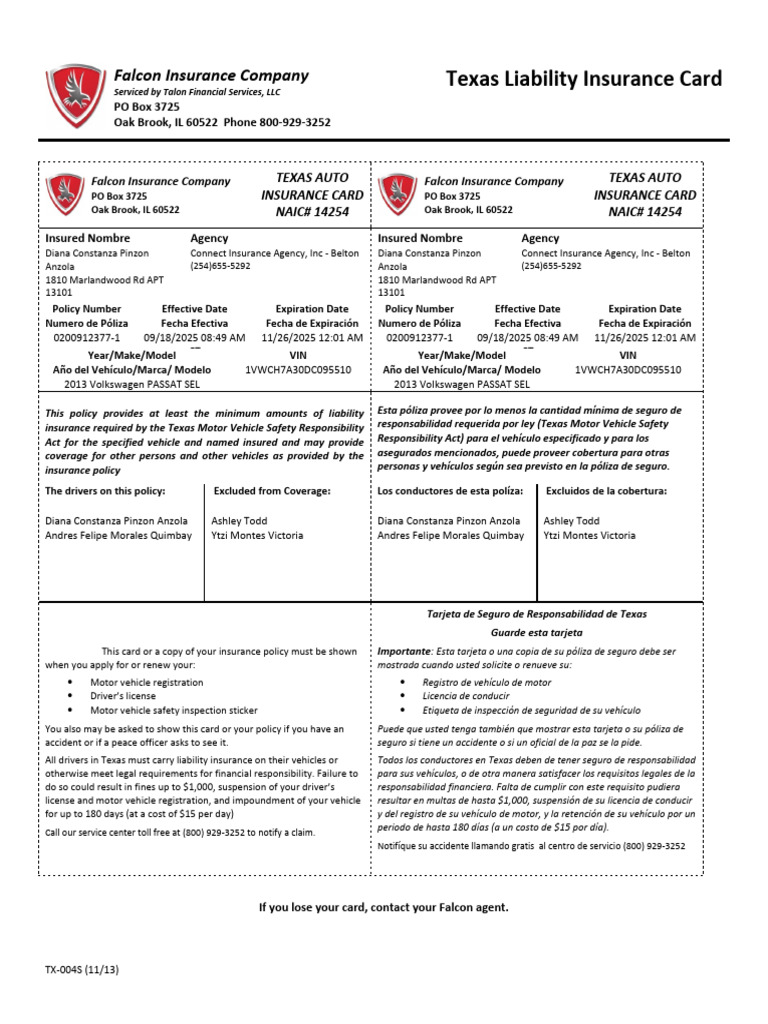 Tarjeta de Seguro de Responsabilidad Texas | PDF