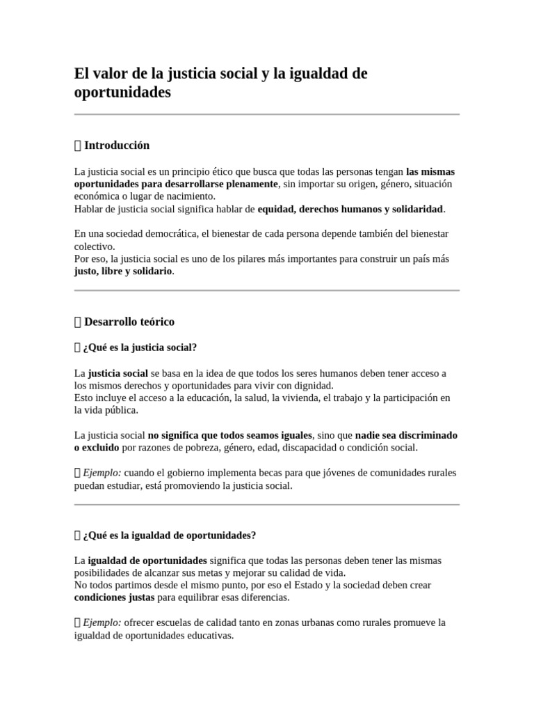 El Valor de La Justicia Social y La Igualdad de Oportunidades | PDF ...
