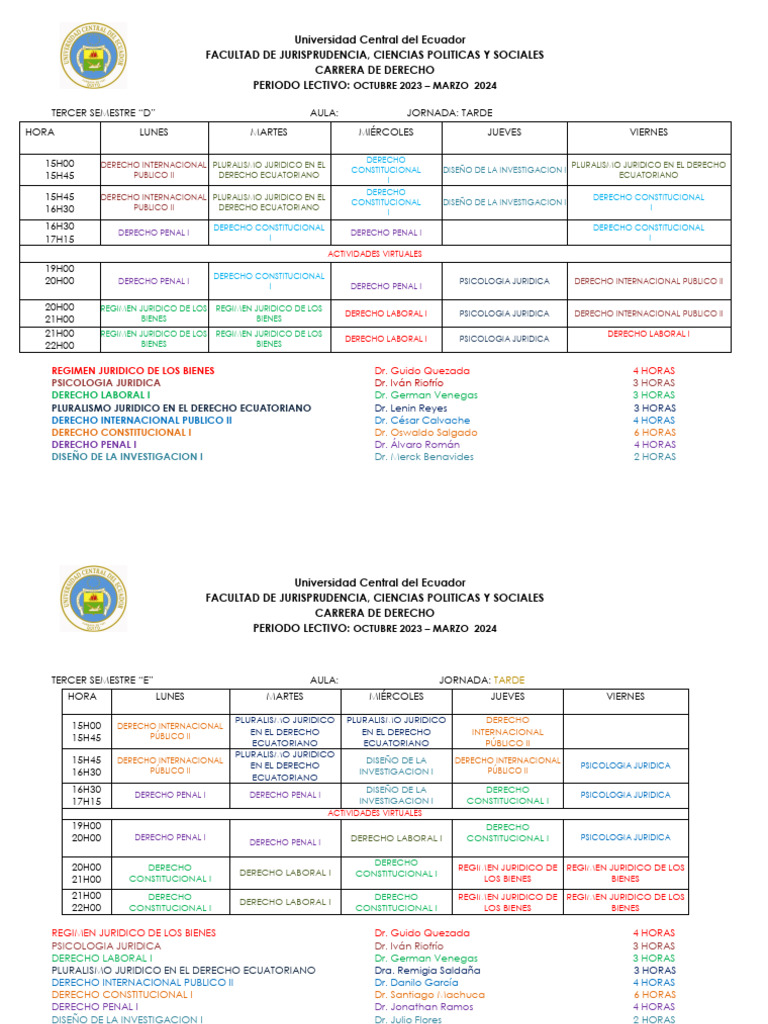 Horarios de Clases Derecho 2023-2024 | PDF | Justicia | Crimen y violencia