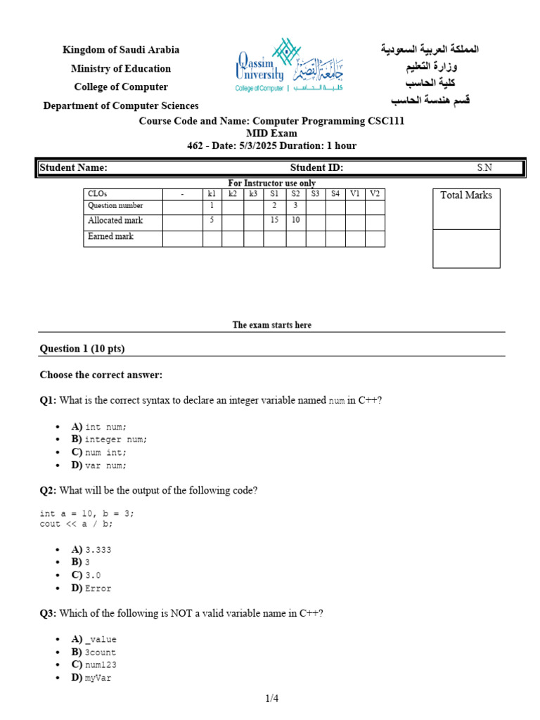 CSC111 Computer Programming Mid Exam | PDF | Area | Computer Programming