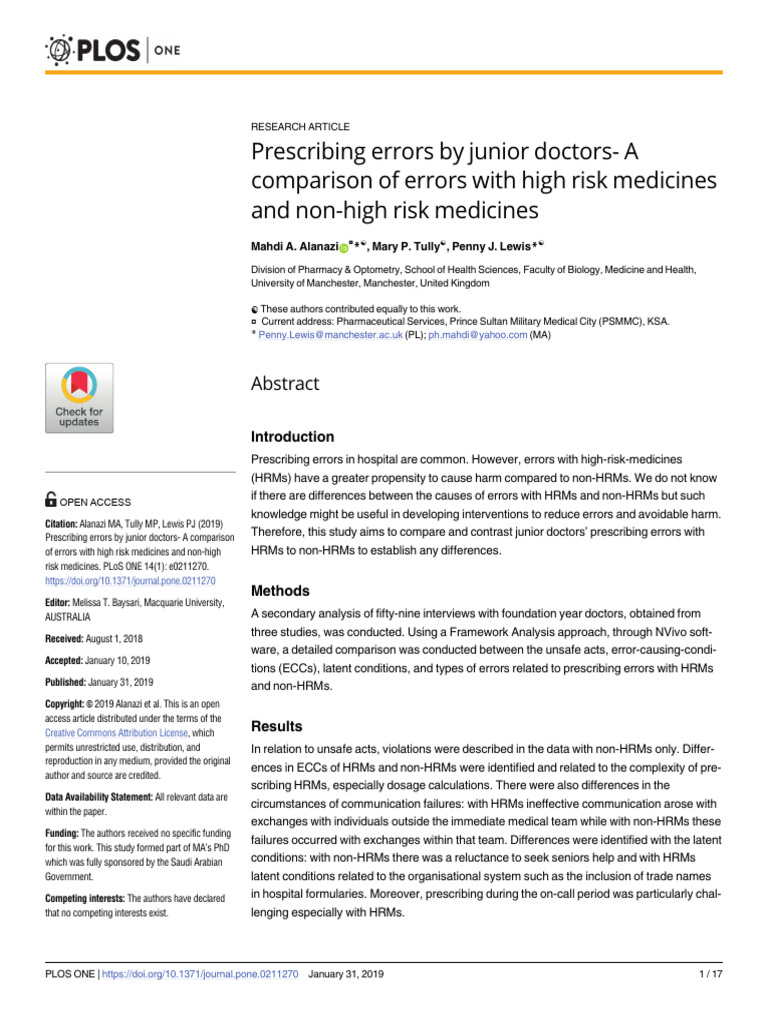Junior Doctors' Prescribing Errors Analysis | PDF | Medical ...