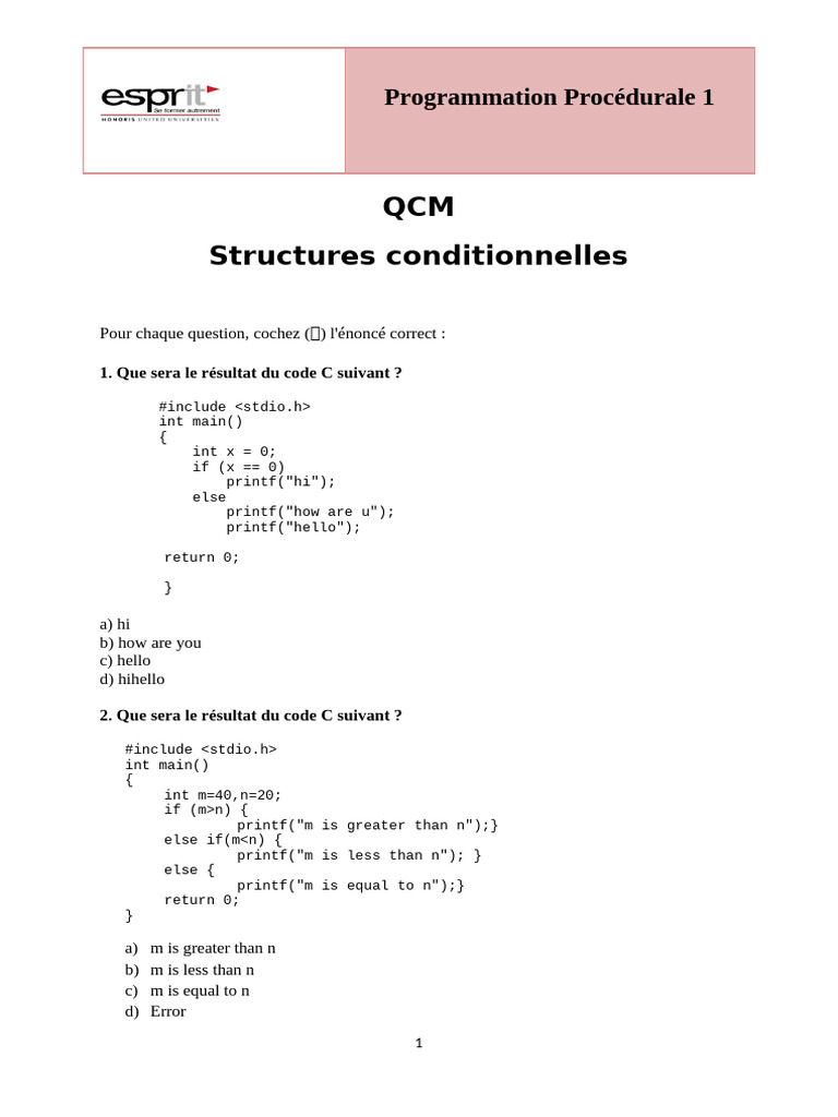 QCM sur les Structures Conditionnelles en C | PDF | Programmation ...