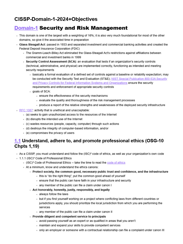CISSP Domain 1 2024+objectives | PDF | Computer Security | Security