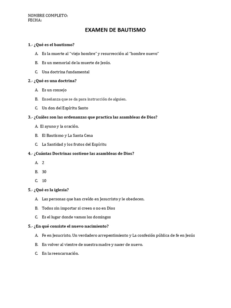 Examen sobre el Bautismo y Doctrinas Cristianas | PDF | Salvación | Jesús