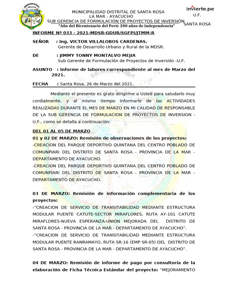 Informe #033 Informe de Labores Marzo 2021 | PDF