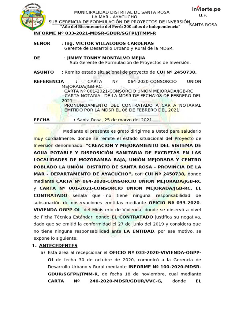 Informe #033, para Respuesta 3 Comunidades Agua | PDF | Perú