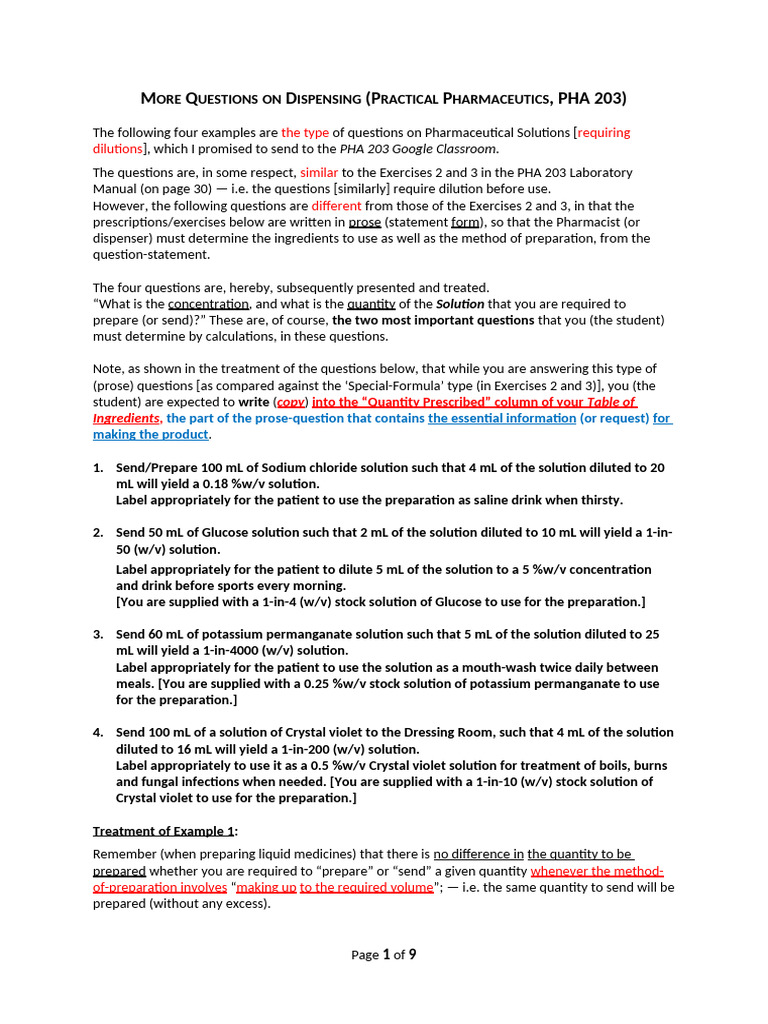 Dispensing Questions for PHA 203 | PDF | Mass Concentration (Chemistry ...