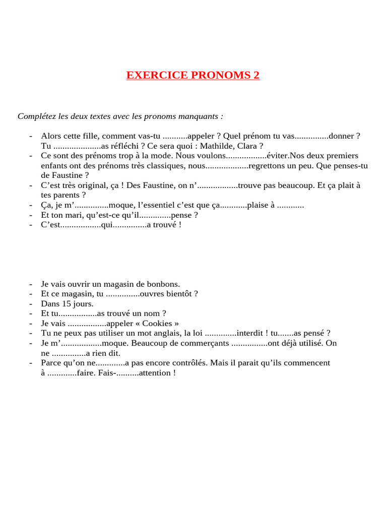Exercice de complétion des pronoms | PDF