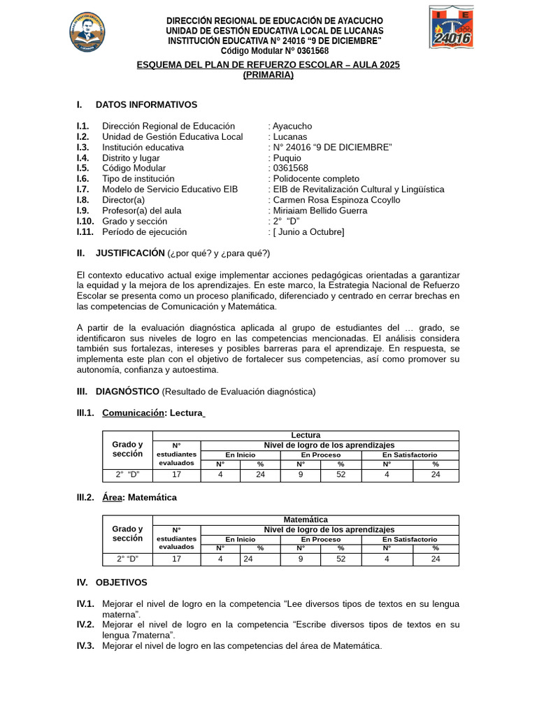 Plan de Refuerzo Escolar 2025 Lucanas | PDF | Aprendizaje | Evaluación