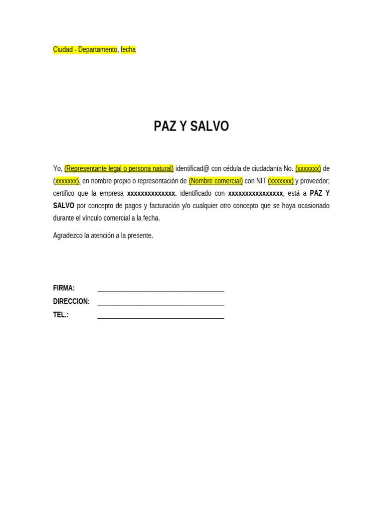 Certificación de Paz y Salvo Comercial | PDF