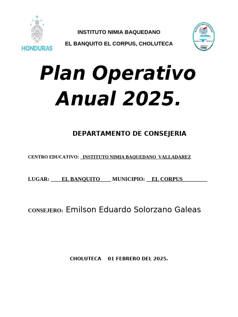 Plan Operativo Anual 2025 - Consejería Escolar | PDF