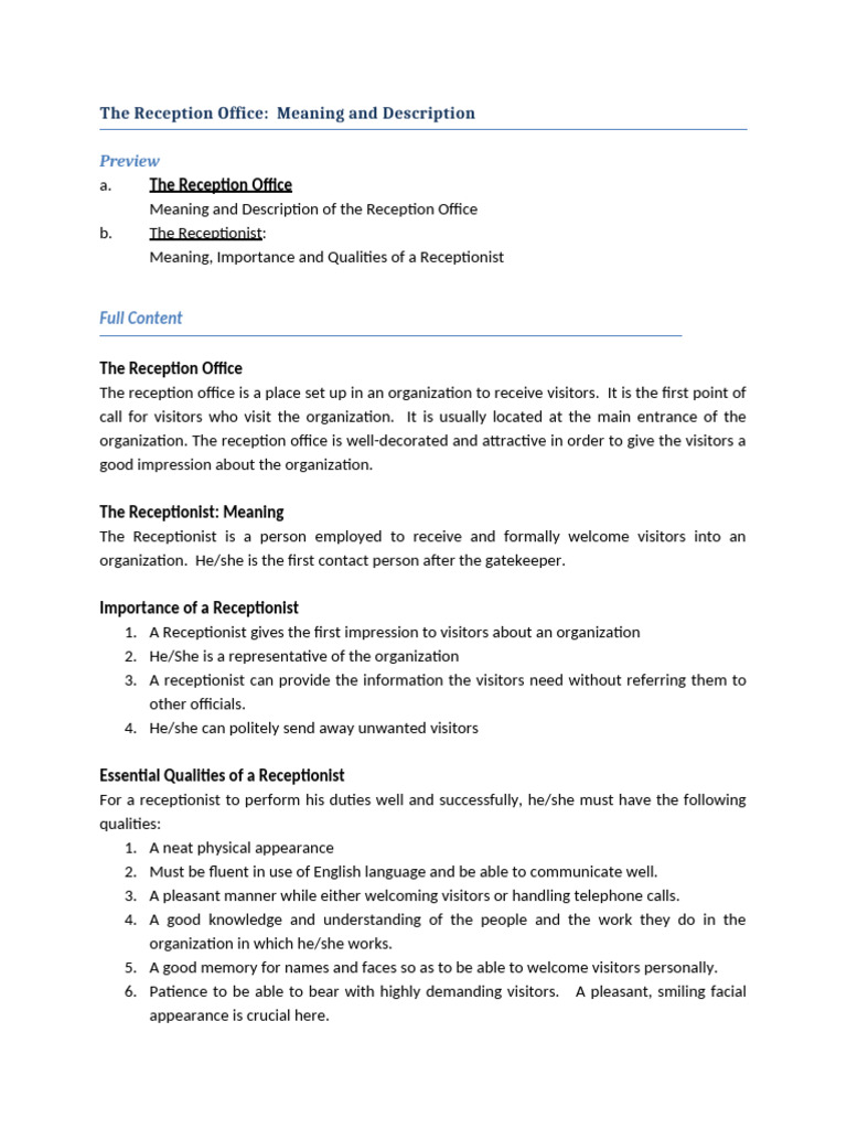 Understanding the Reception Office | PDF | Telephone
